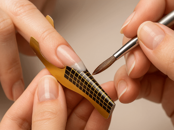 Applicazione del gel sulla cartina per ricostruzione unghie, con tecnico che modella l’allungamento sulla nail form.