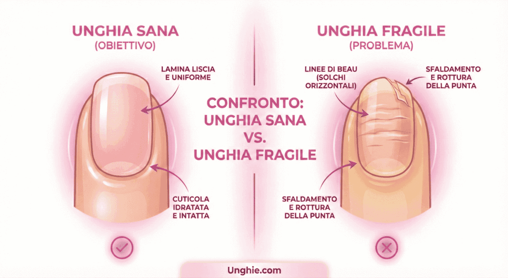 Infografica comparativa per riconoscere unghie sane e forti: confronto visivo tra una lamina ungueale sana (liscia, rosata e uniforme) e un'unghia fragile con segni di sfaldamento, rottura della punta e linee di Beau.