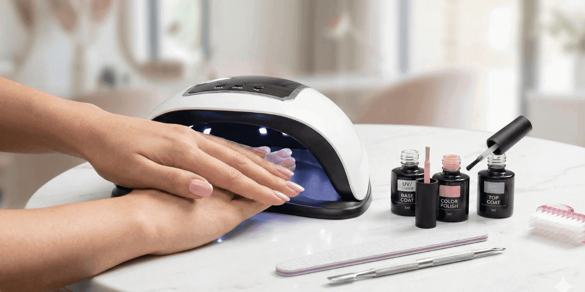 Passaggi per il semipermanente: applicazione dello smalto con lampada LED professionale e kit manicure.